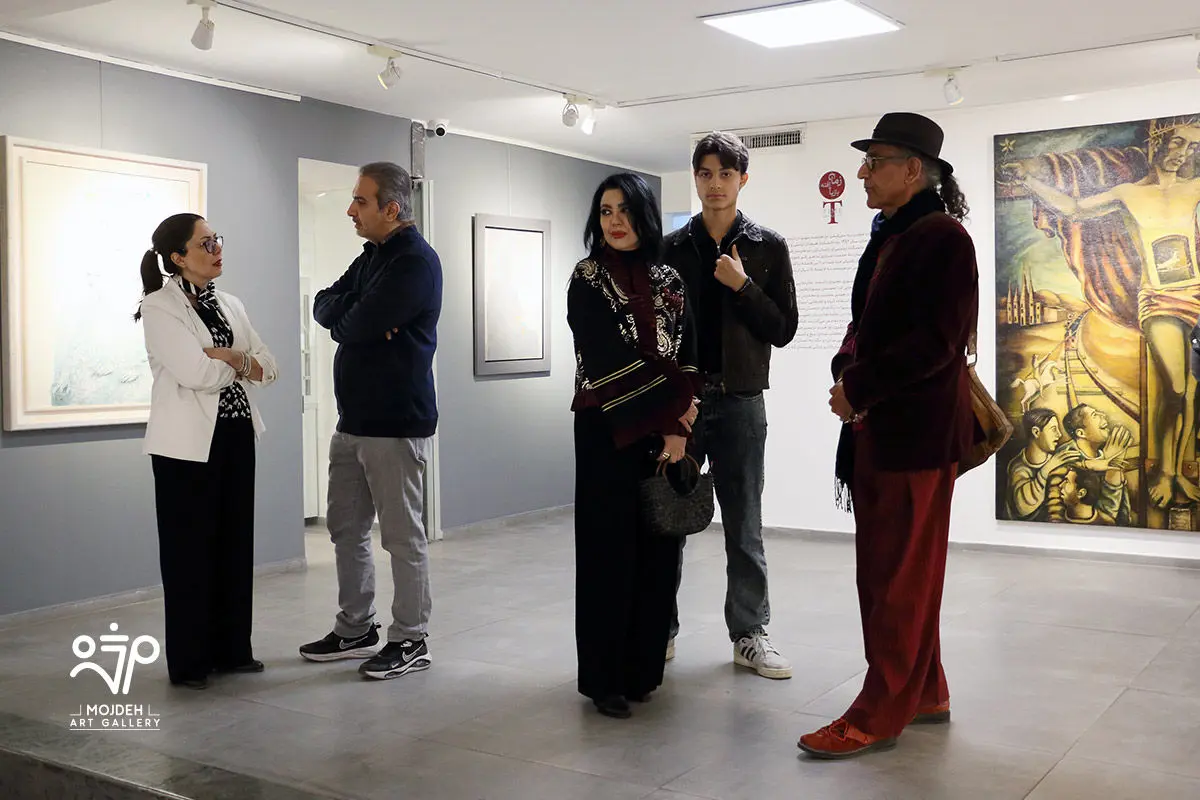 شهرام کریمی، ارشان (نوه منوچهر صفرزاده)، مهرک صفرزاده، احسان آقایی و مژده طباطبائی در نمایشگاه زمان بازیافته / Shahram Karimi, Mehrak Safarzadeh, Ehsan Aghaei and Mojdeh Tabatabaei