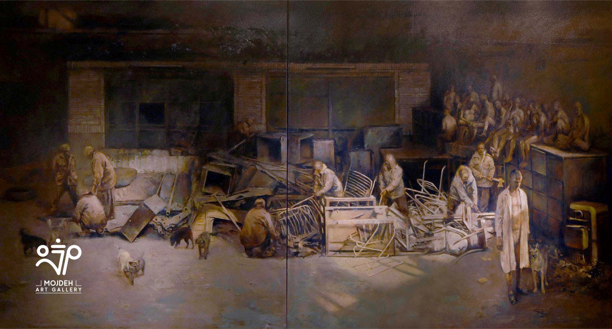 Azim Morakabatchi - Autopsia - 180 × 340 cm - Oil on canvas - 2018
