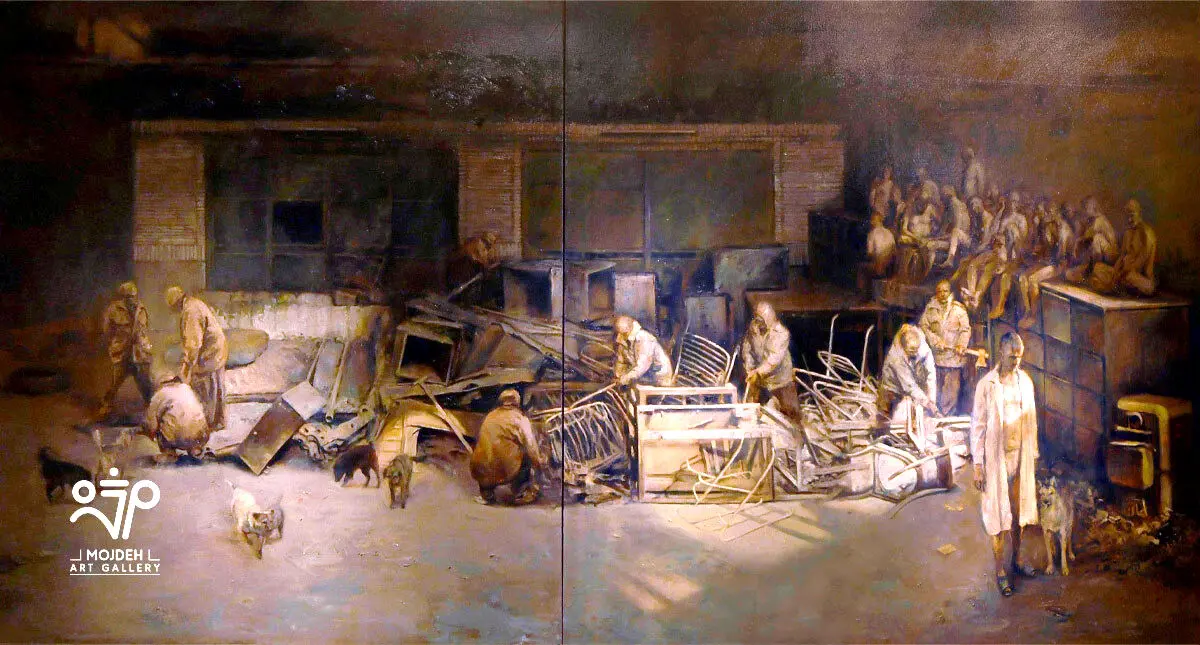 Azim Morakabatchi - Autopsia - 180 × 340 cm - Oil on canvas - 2018